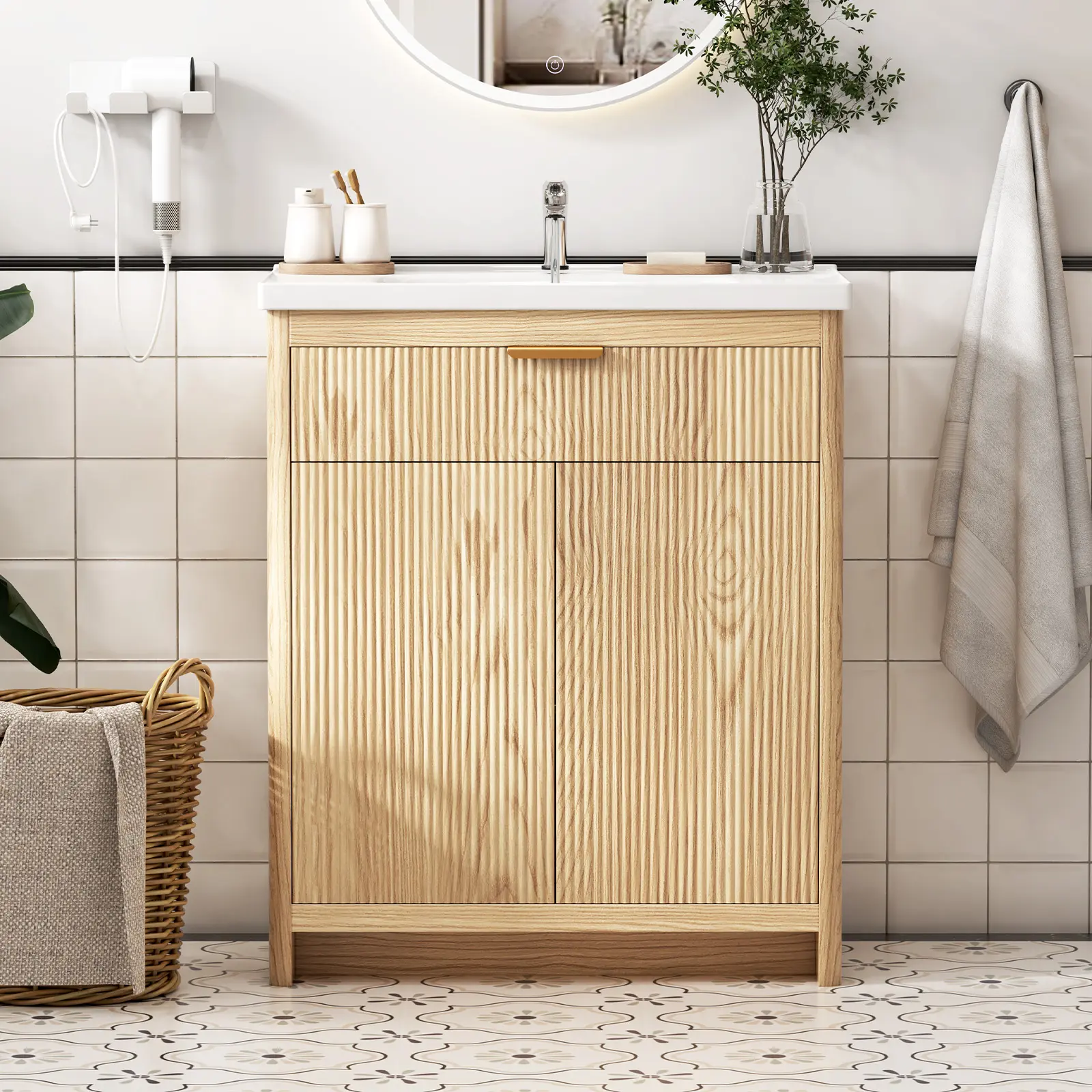31.5-Inch Rustic Wood Bathroom Vanity with Undermount Rectangular Ceramic Sink, Freestanding MDF Frame Cabinet with Double Doors, Spacious Oak White Rustic Home Decor