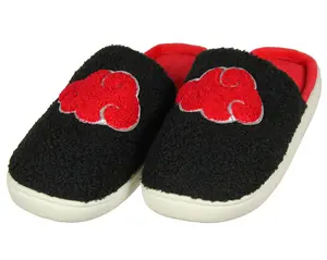 Naruto Akatsuki Chenille Red Cloud Glitter Accent Design Non-Slip Velveteen Lined House Slippers For Men Women