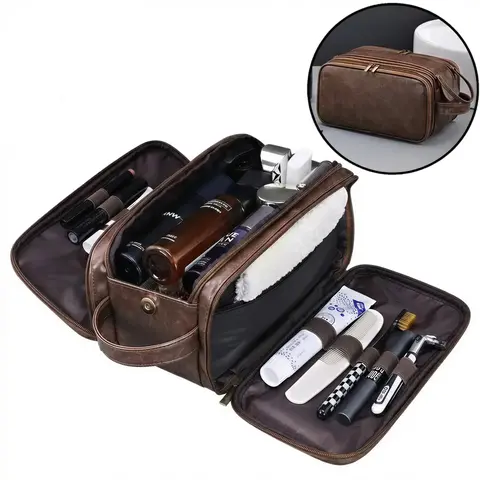 Men's Large Water-Resistant Hanging PU Leather Toiletry Bag - Dopp Kit with Wet-Dry Separation, Unique Father's Day Gift for Men