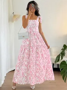 French Elegant Pleated Flounce Floral Print Long Dress Sleeveless V-Neck Ruffled Boho Cami Women's Summer Wedding Beach Gown Blue and White Plant Pattern