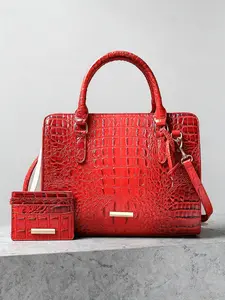 2Pcs Red Crocodile Embossed Tote Bag Set, Women's PU Leather Top Handle Handbag with Matching Card Holder & Crossbody Strap