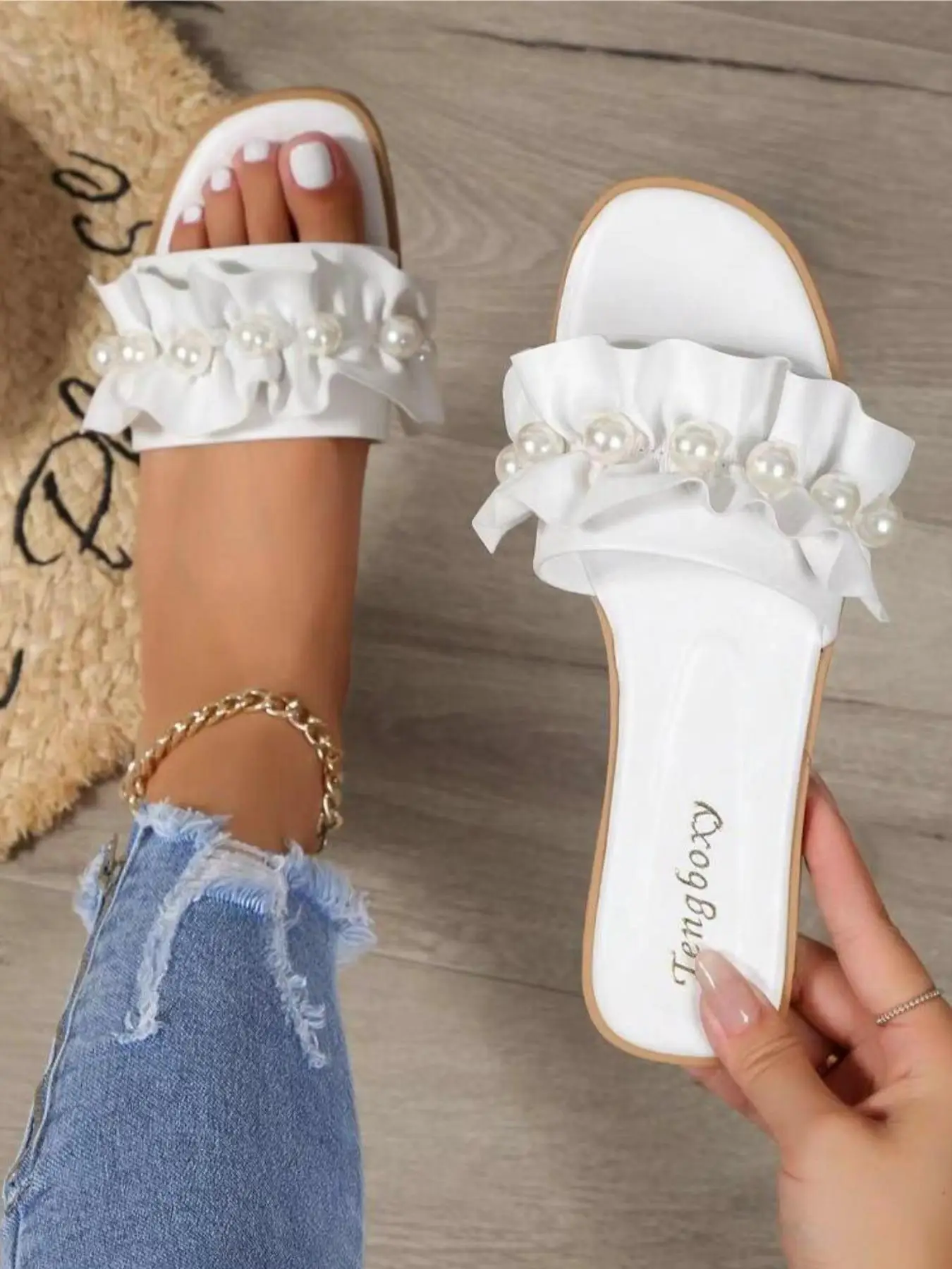 Women's Cute Faux Pearl Decorated Ruched Design Slide Sandals, 1 Pair Casual Comfortable Flat Slippers for Summer, Fashion Shoes for Indoor & Outdoor