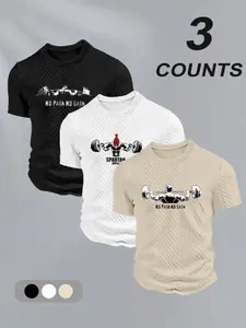Men's 3-Piece Textured Fabric Weightlifting Dumbbell Print Short Sleeve T-Shirt, Casual Loose Knit Top, Outdoor Sports & Daily Wear Set