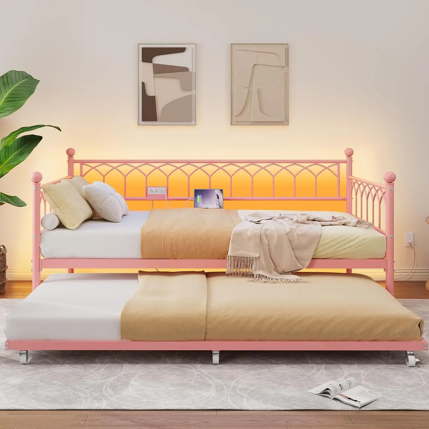 Pink Heavy-Duty Metal 2-in-1 Twin Divan Daybed with Trundle (2 Singles), Classic Conversion Bed Frame, Built-In Powerful Charging Station, LED Lights for Small Spaces, Living Room, Assembly Required