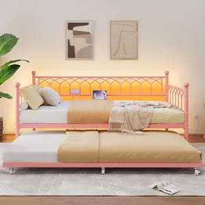 Pink Twin Size Daybed with Trundle Sofa Bed Frame with Charging Station LED Lights Heavy Duty Metal for Small Spaces Living Room Bedroom Apartment