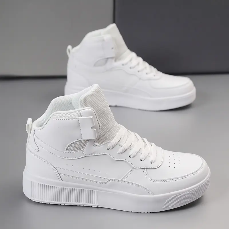 Men's High-Top Wide-Fit Casual Sneaker Footwear - Lace Closure, Braid Detail, Round Toe, Pressure-Relief, Lightweight EVA Sole, Thick Non-Slip PU Leather Upper, Breathable Letter Print Cloth, All-Seasons Everyday Wear Men's Shoes
