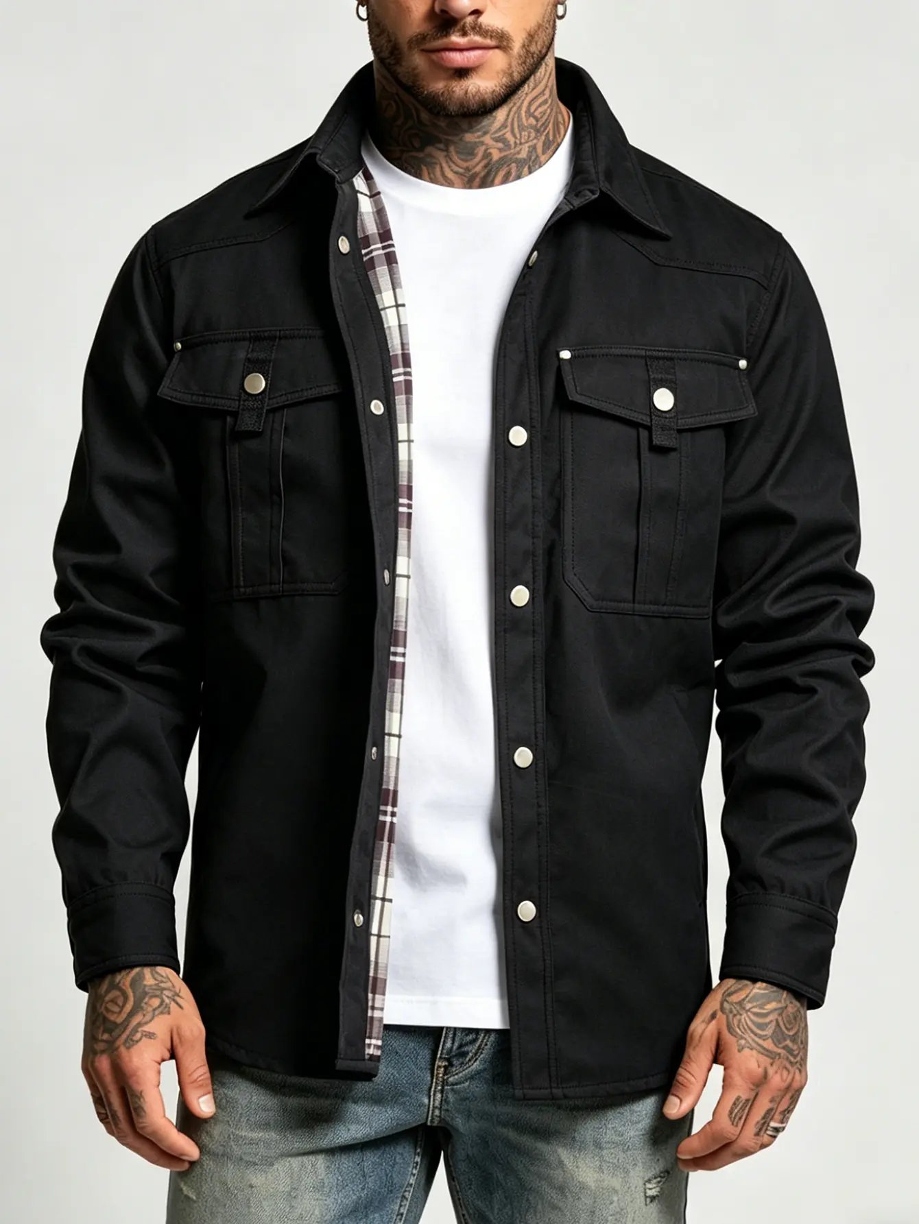 Black plaid-lined workwear shacket | Lightweight snap-button casual streetwear shirt jacket, men’s plaid-lined snap-button shirt jacket with flap chest pockets, workwear casual streetwear lightweight black shacket outerwear coat for men