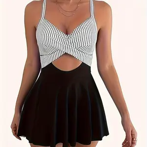 Skirted One-Piece Conservative Swimsuit – Color-Block Tie-Front Tankini Style, Modest Swimwear for Women, Tummy Control & Flared Skirt for Hot Spring & Beach