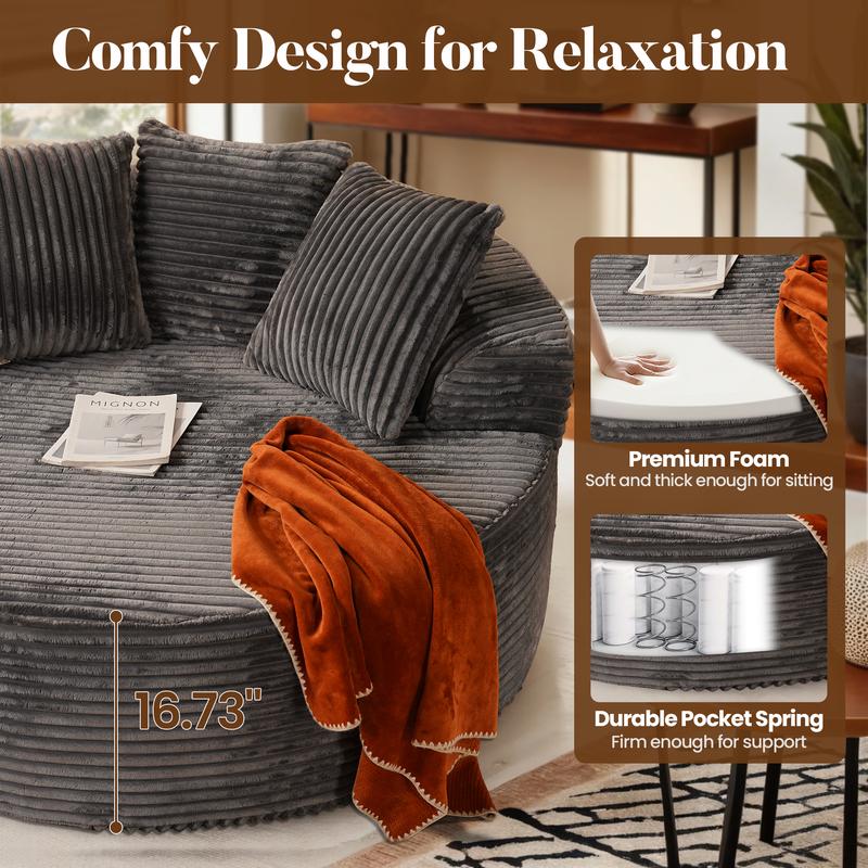 HOOOWOOO 59"W Oversized Round Sofa Bed - Boneless& Modern O-Shape, Lazy Bean Bag Chair, Deep Seat Couch with 3 Pillows, Plush Corduroy Fabric Chaise Lounge, No Assembly Required