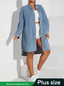 Plus Size Women's Long Loose Fit Denim Jacket Coat, Casual Fashion Outerwear for Spring & Fall, Comfortable and Stylish Design