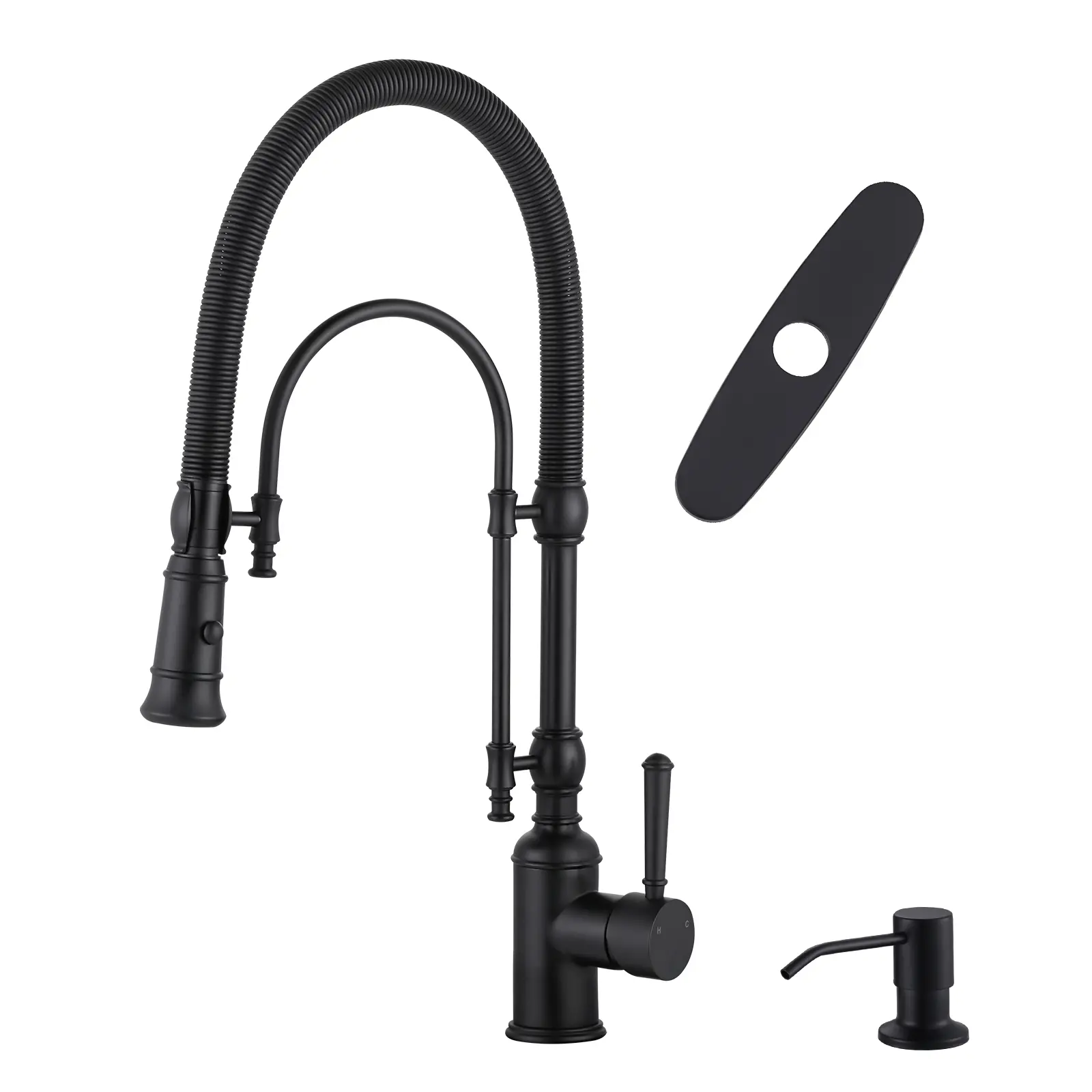 WOWOW Industrial Style Single Handle Pull Down Sprayer Kitchen Faucet - Solid Brass High Arc Faucet, 2-Mode, Pre-Plumbed, Water-Saving Kitchen Taps, with Soap Dispenser, Matte Black Finish