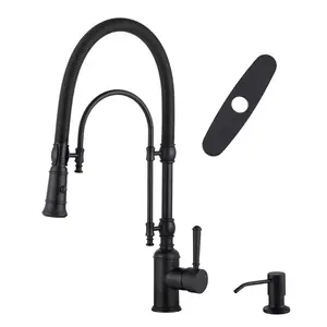 WOWOW Industrial Style Single Handle Pull Down Sprayer Kitchen Faucet - Solid Brass High Arc Faucet, 2-Mode, Pre-Plumbed, Water-Saving Kitchen Taps, with Soap Dispenser, Matte Black Finish
