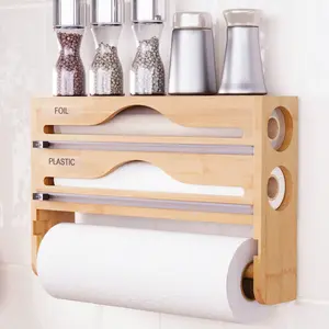 1pc Bamboo Plastic Wrap Dispenser, Aluminum Foil Dispenser With Paper Towel Holder Suitable For Kitchen(Khaki)