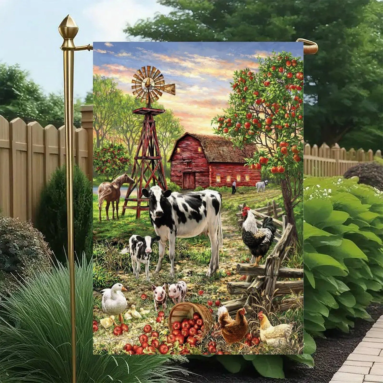 Vintage Country Farm Windmill Red Barn Cow Chicken Pig Apple Tree Rural Animal Harvest Garden Flag Double-Sided 12x18in, Western Farm Animal Backyard Patio Sign