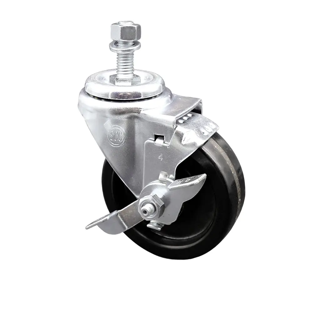 Service Caster SCC-TS20S414-PHS-TLB-121315 Heavy Duty Phenolic Swivel Threaded Stem Mount Caster - 4 x 1.25 in. Black Furniture Moving Wheel, 0.5 in. Stem, Top Lock Brake, 300 lbs Capacity, Floor Safe for Carts/Equipment, Swivel Wheels, Casters