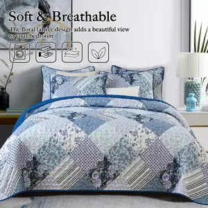 Luxury 3-Piece Blue Plaid Bed Cover Set - Quilted Coverlet & Pillowcases, Breathable, Lightweight, Stylish for All Seasons