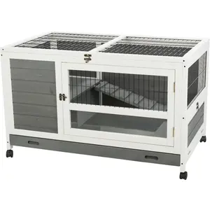 2-Story Mobile Wooden Small Animal Cage for Guinea Pigs, Gray, with Lockable Wheels, 3 Doors & Deep Pull-Out Tub