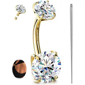 Moissanite & G23 TItanium Belly Button Ring 18K Gold Plated Hypoallergenic Internally Threaded Belly Rings 14G Navel Piercing Jewelry For Women Men D Color VVS1 Clarity Brilliant Cut