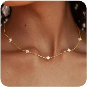 Dainty 14K Gold Plated Clover Necklaces for Women - Trendy Non Tarnish Cubic Zirconia Necklace for Wedding Prom Brides Jewelry