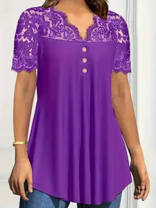 Lace V-Neck Top with Button Decor, Short Sleeve Flowy Shirt, Elegant Aesthetic Women's Blouse, Perfect for Casual Wear