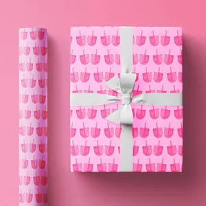 Hanukkah Wrapping Paper Roll, Pink Dreidel Print & Pattern, Pretty Holiday Gift Wrap with Spinning Dreidel Illustrations, Girly Design