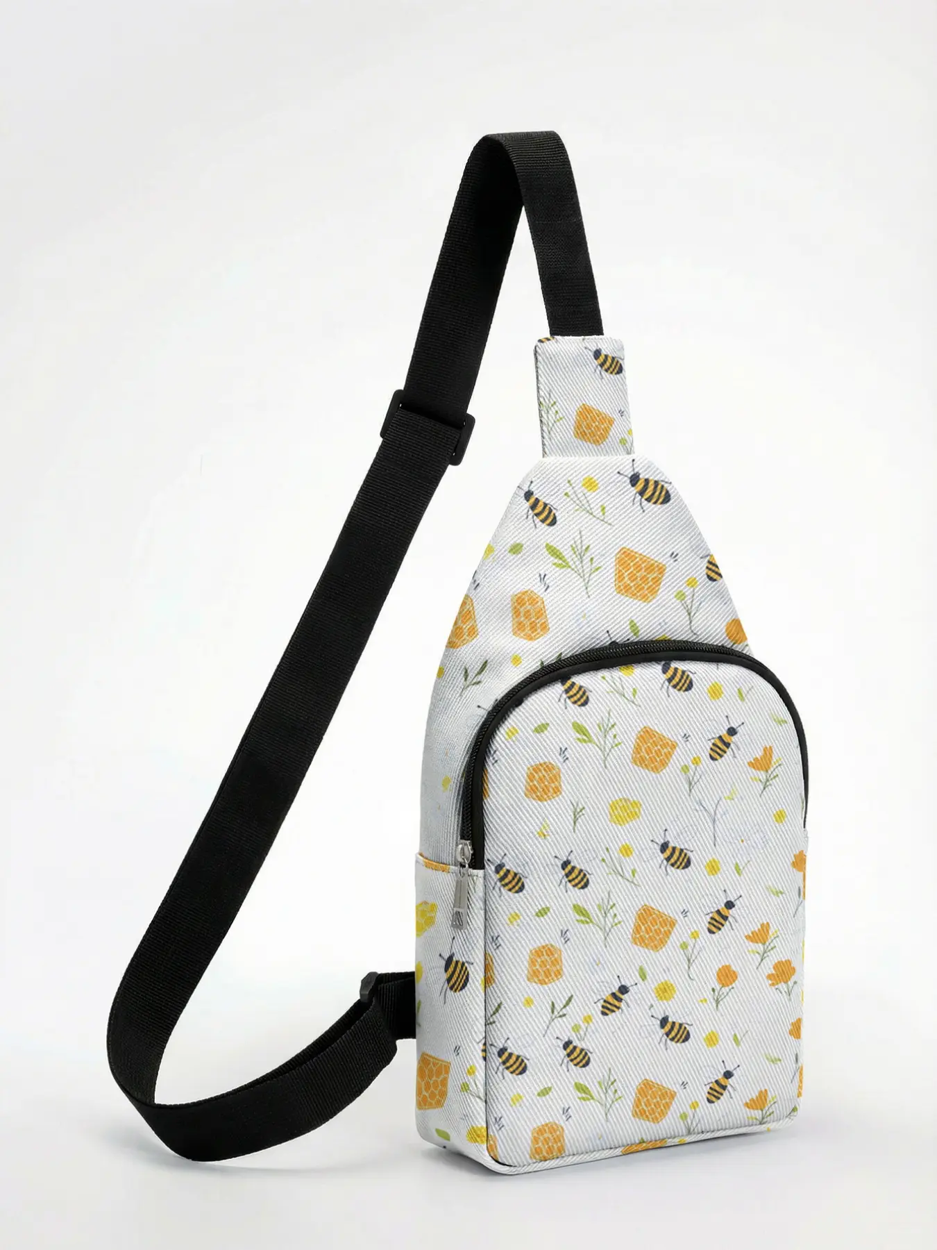 A fashionable women's chest bag - a large capacity chest bag waist bag with adjustable shoulder straps, bee print pattern, durable crossbody bag with zipper, suitable for travel and outdoor hiking