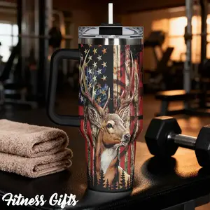 40oz, 1pc Gift, Stainless Steel Cup, Insulated and Durable, Stainless Steel Iced Coffee Tumbler, Insulated Water Bottle, Featuring a bBeautiful American Flag Deer Design, Perfect Gift for Horse Lovers and Equestrians, Great for Hot or Cold Beverages