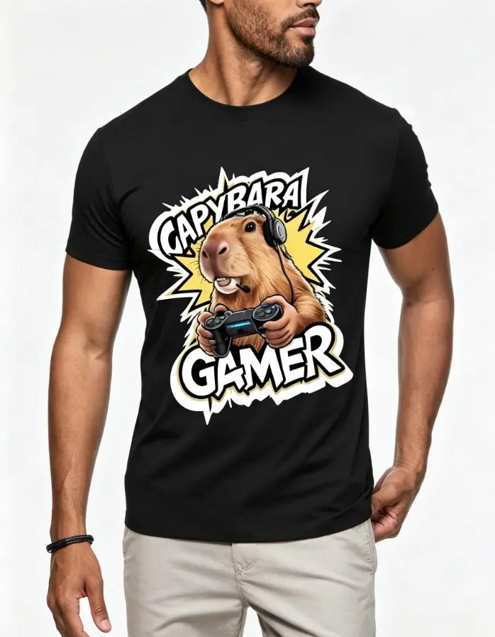Mens' New Spring/Summer Loose-Fit Casual Fashionable Versatile Street-Style Cool Capybara Anime Cartoon Print Short-Sleeve T-Shirt for Daily Wear