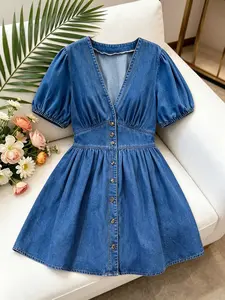 Plus Size Women's V Neck Denim Dress, Short Bubble Sleeve, Single Button Design, Perfect for Parties, Weddings, Graduations, Easter, St Patrick's Day, Womenswear