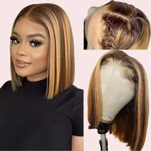 Uolova Honey Blonde Bob wig Human Hair 13x4 HD Frontal Lace Wigs 180% Density 4/27 Highlight Bob Lace Front Wigs Human Hair Pre Plucked Ombre Color Short Straight Bob Wigs for Black Women 12 inch