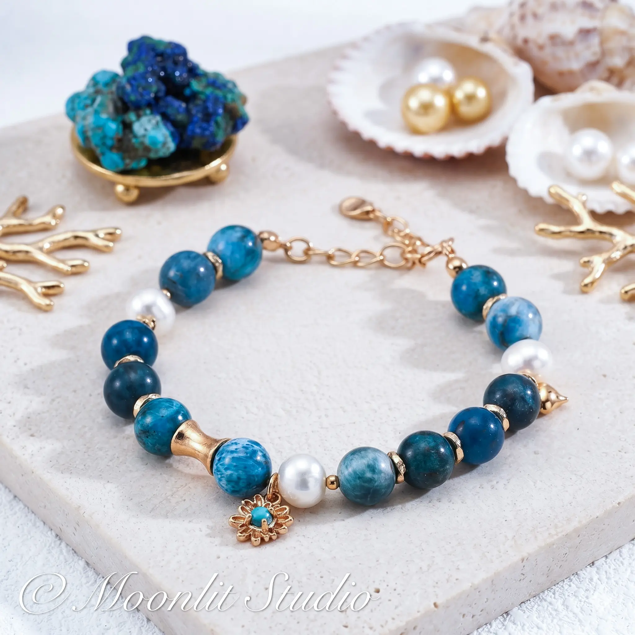 Natural Azurite & Pearl Beaded Bracelet, S925 Silver Vintage Boho Charm Adjustable Bangle, 16 cm Chain Healing Blue Crystal Jewelry with Clarity for Casual Wear Gifts