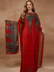 2-piece set - Large-sized, Plus size satin kaftan long dress, Black and gold letter combination pattern, comes with a matching headscarf, moomoo, multi-purpose loungewear / beach cover-up / evening dress, a luxurious item