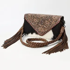 ADBG1582 American Darling Western Hand-Tooled Floral Envelop Bag with Hair-On Cowhide and Braided Strap