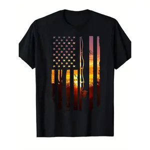 Men'S Funny Bass Fishing American Flag T-Shirt - Patriotic Fishermen Graphic Tee with Fishing Rods & Fish Design, Comfortable Casual Short Sleeve Shirt for Outdoor Activities, Fishing Trips & 4th of July Events - Retro Style Round Neck All-Season We