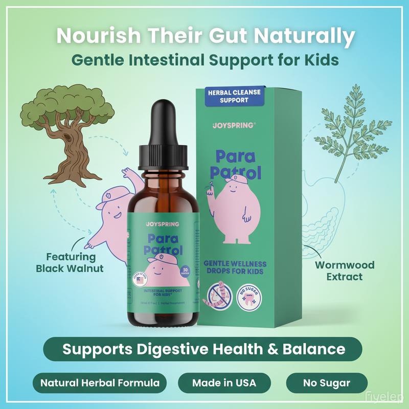 JoySpring ParaPatrol Kids’ Herbal Blend – Alcohol-Free Liquid Supplement with Black Walnut and Wormwood Extract | Supports Digestive Health | Natural Raspberry Flavor – 30 Servings