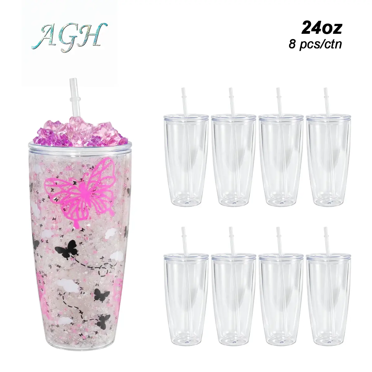 AGH 24 oz double wall Plastic fat snow globe tumbler wide acrylic wide plastic tumbler with lids and straws, with Pre Drilled Hole And Plugs, 8pcs/16pcs