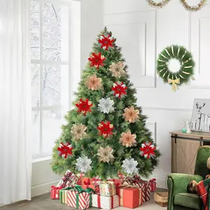 12-Piece Artificial Christmas Decorations Set, & Silver Color Hanging Ornaments, Plastic Flowers for Home Hotel Decoration, Decorative Flowers Ornaments