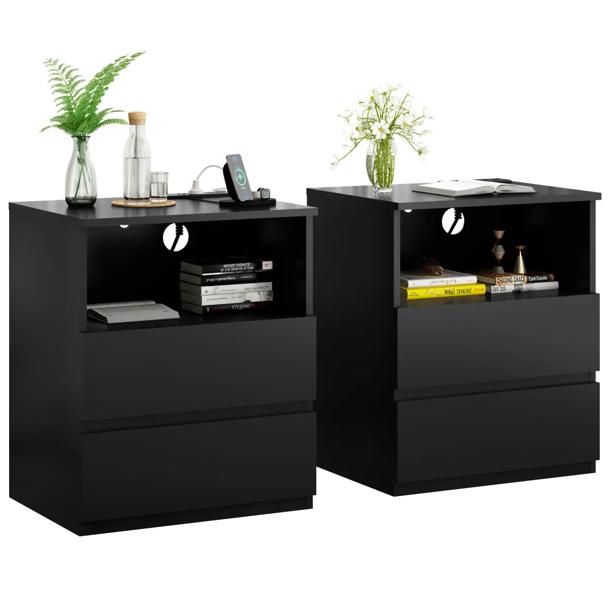 Nightstand Bedside Table End Table Set of 2 with Fast USB C Charging Station, Sofa Side Table with 2 Drawers, Large Storage Modern Wood Storage Cabinet for Living Room,Bedroom,Office, Black(Set of 2), Two Piece Sets, Nightstand Sets Of 2