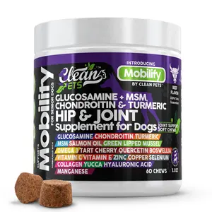 Clean Pets Glucosamine + MSM, Chondroitin, Turmeric, Salmon Oil, Green Lipped Mussel, Hyaluronic Acid, Collagen, Vitamin C, Omega 3 & More for Hip and Joint Supplement Dogs Chews – Mobilify