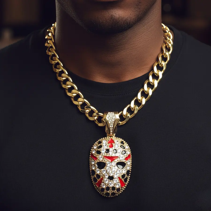 MaxBling81 Men's Iced Out Necklace, Gold/Silver Plated CZ Jason Mask Pendant with 10mm Chunky Cuban Chain, 18-30 Inch, Birthday Gift for Dads, Pendant & Chain, Alloy Metal, Casual, Multi-Size, Miami Cuban Chain Necklaces
