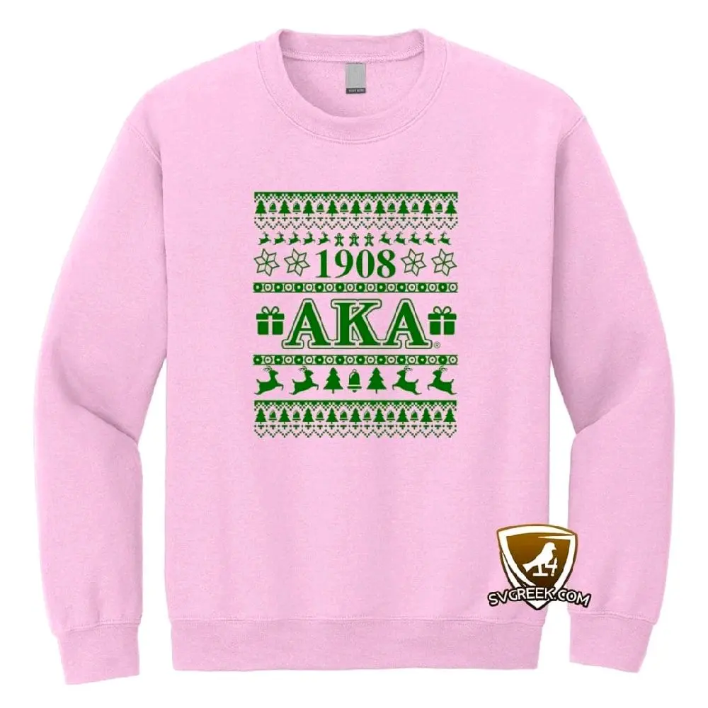 Alpha Kappa Alpha Sorority Inc Christmas Sweatshirt 1908 AKA Festive Design Pink
