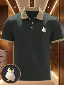 Creative Cute Penguin Geometric Print Polo Shirt, Casual Slim-Fit Short Sleeve, Men's Business Leisure Top, Perfect for Daily Wear