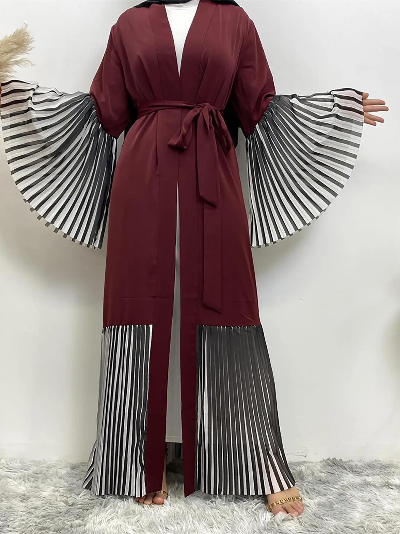 Women's Patchwork Striped Print Belted Pleated Abaya, Modest Long Sleeve Dress for Daily Wear, Women's Islamic Clothing for Spring & Fall