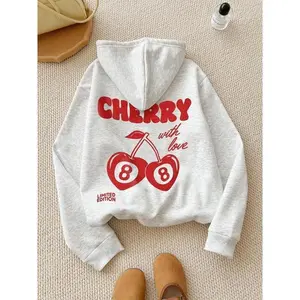 Women’s Cherry & Letter Print Drop Shoulder Hoodie, Fashion Casual Drawstring Pocket Hooded Sweatshirt for Daily, Holiday, and Outdoor Wear, Women’s Clothing for Autumn and Winter