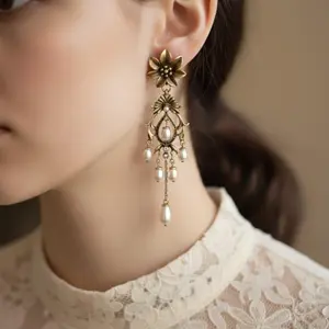 Vintage Victorian Pearl Drop Earrings for Women Antique Gold Palace Style Chandelier Earrings Elegant Baroque Wedding & Party Jewelry Gift