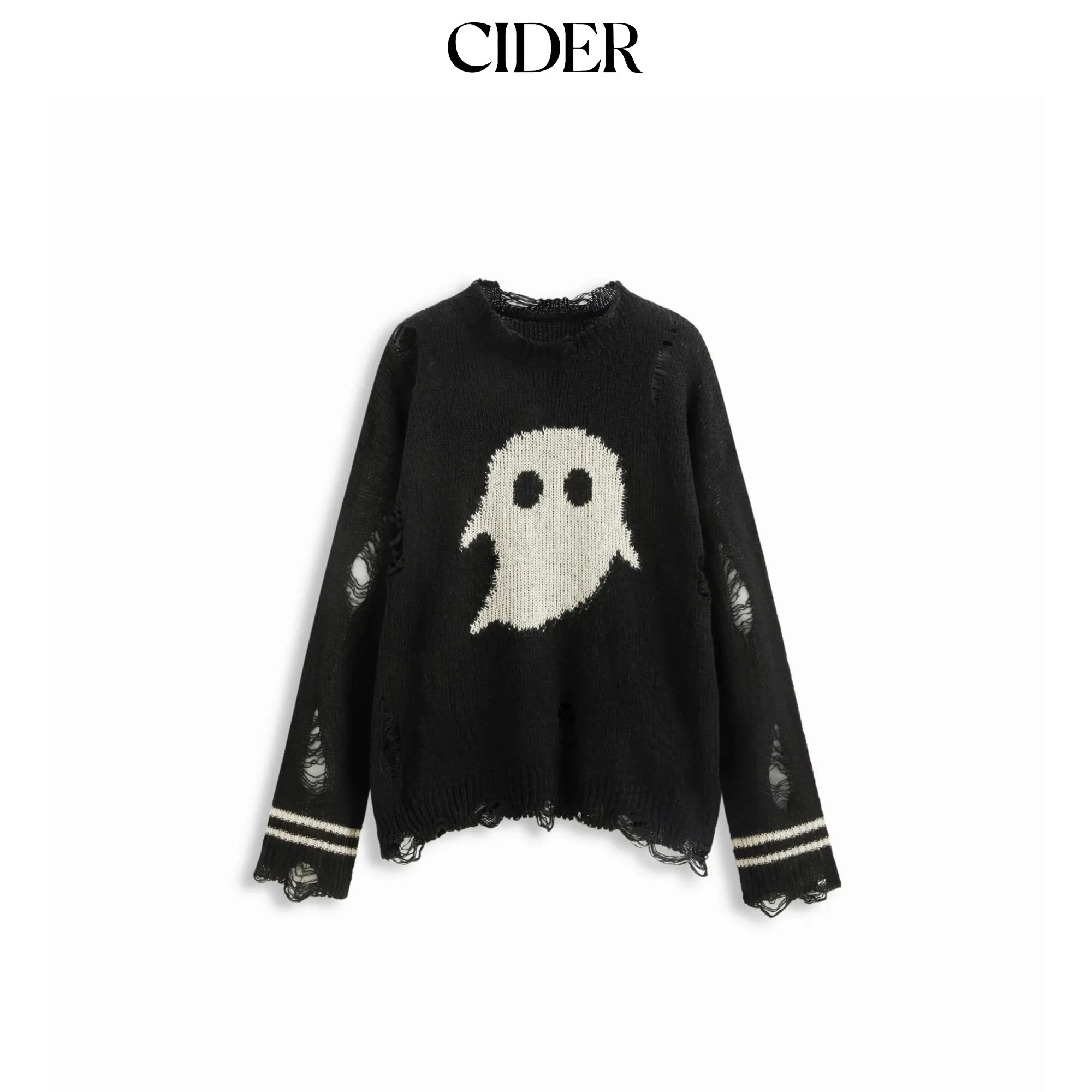 Cider Knit Ghost Pattern Stripe Ripped Oversized Top, Knitwear, Long Sleeve, Lady, Women, Ghost Print