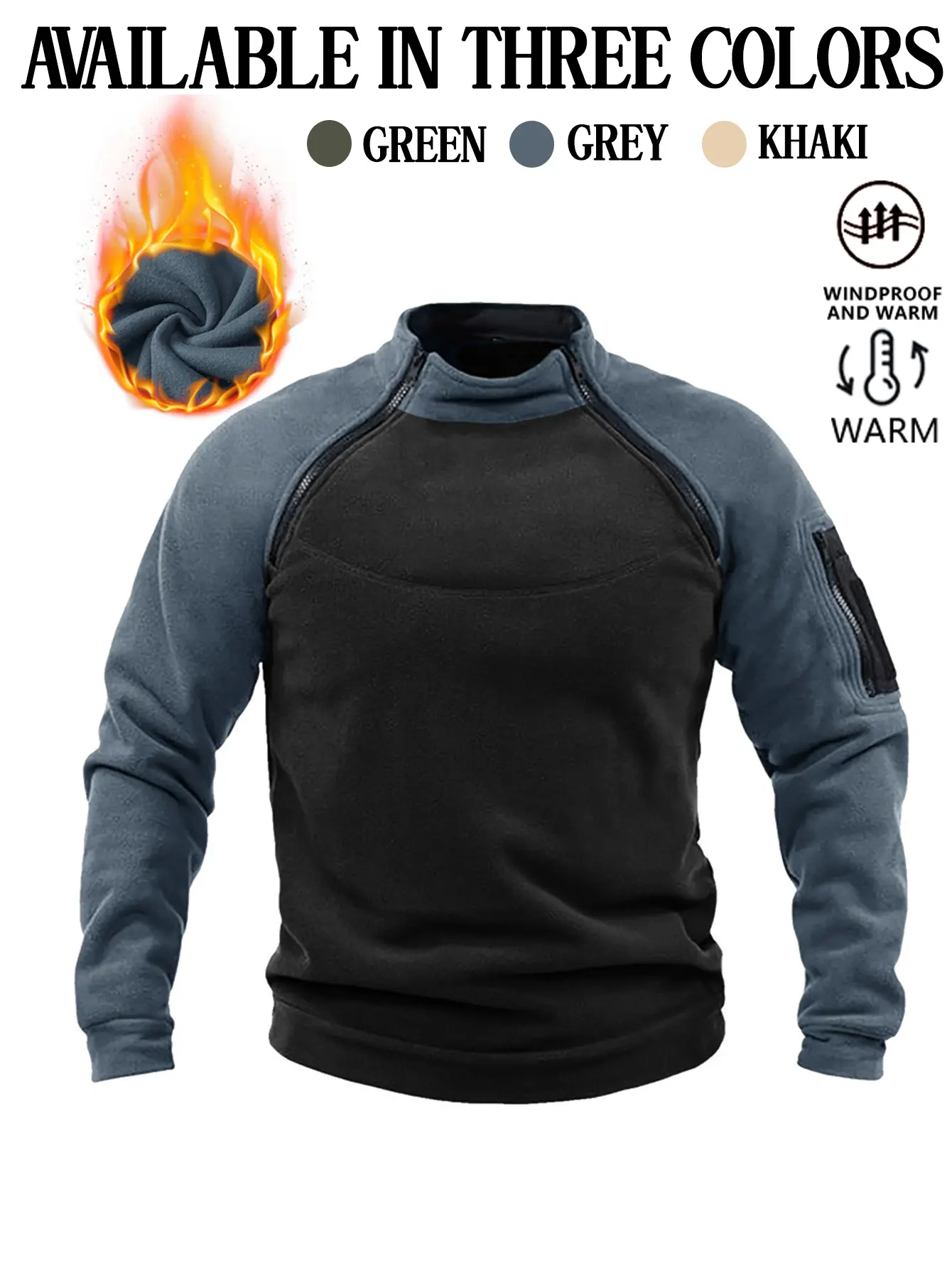 Men’s color-block tactical fleece pullover, windproof and warm stand-collar top with zippered armholes and pockets