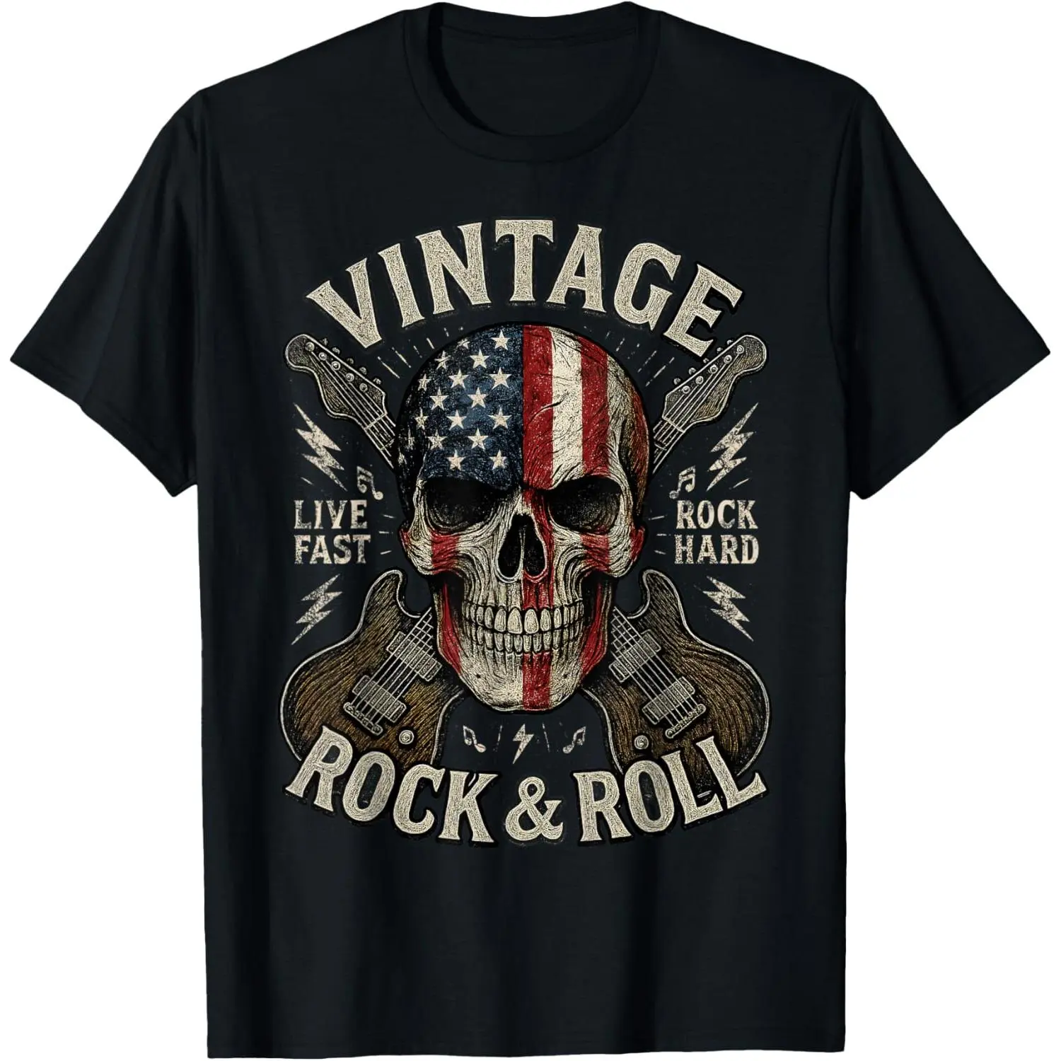 Vintage Rock Skull American Flag Guitar Retro Rock and Roll T-Shirt