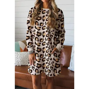 Khaki Leopard Long Sleeve Shift T Shirt Dress with Pockets