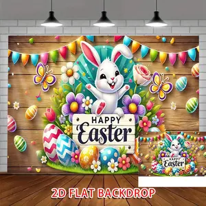 1PC,2D Flat Happy Easter Theme Decorative Backdrop, Cute Rabbit, Easter Eggs, Flowers Pattern, Photography Background for Festival Party, Photo Prop for Kids, Wooden - Style Background, Backdrop